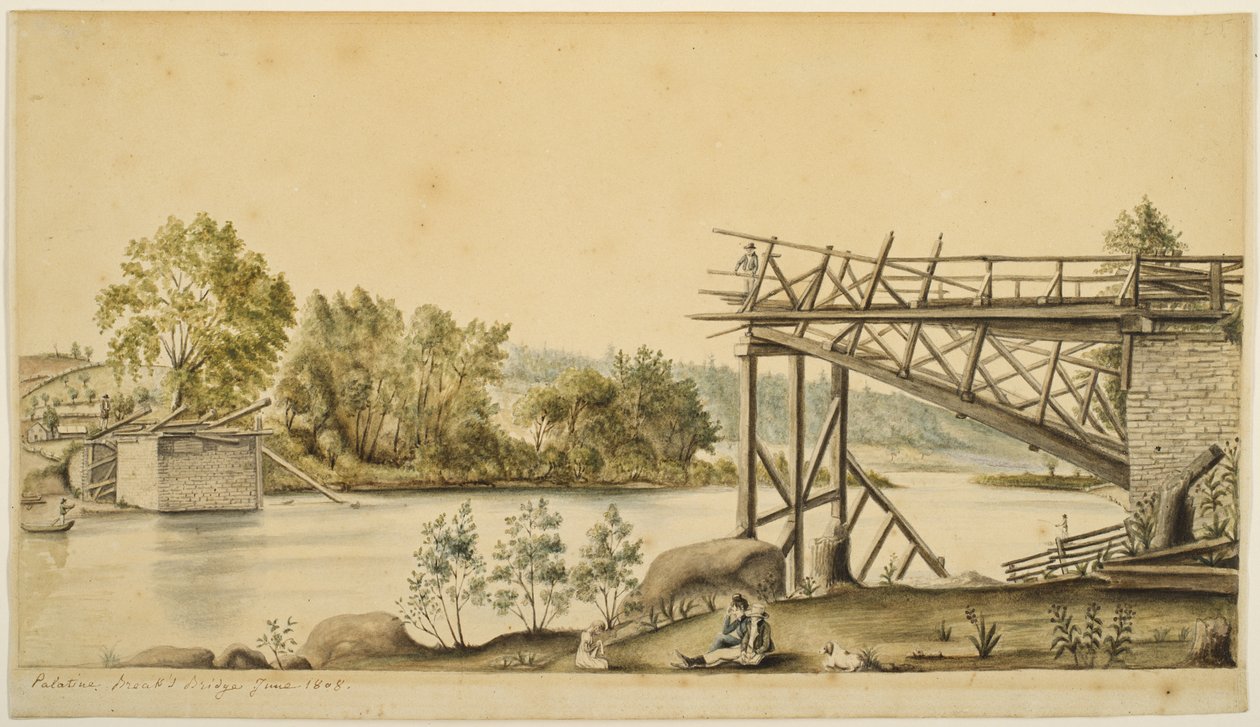 Incomplete Bridge, Palatine, New York, 1808 (akvarelli ja grafiitti paperille) tekijältä Anne Marguerite Hyde de Neuville
