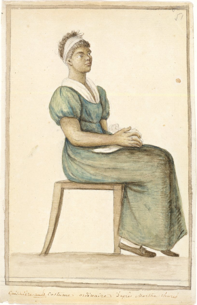 Muotokuva afroamerikkalaisesta kokista tavallisessa asussa, päiväämätön (vesiväri, grafiitti ja ruskea muste paperille). tekijältä Anne Marguerite Hyde de Neuville