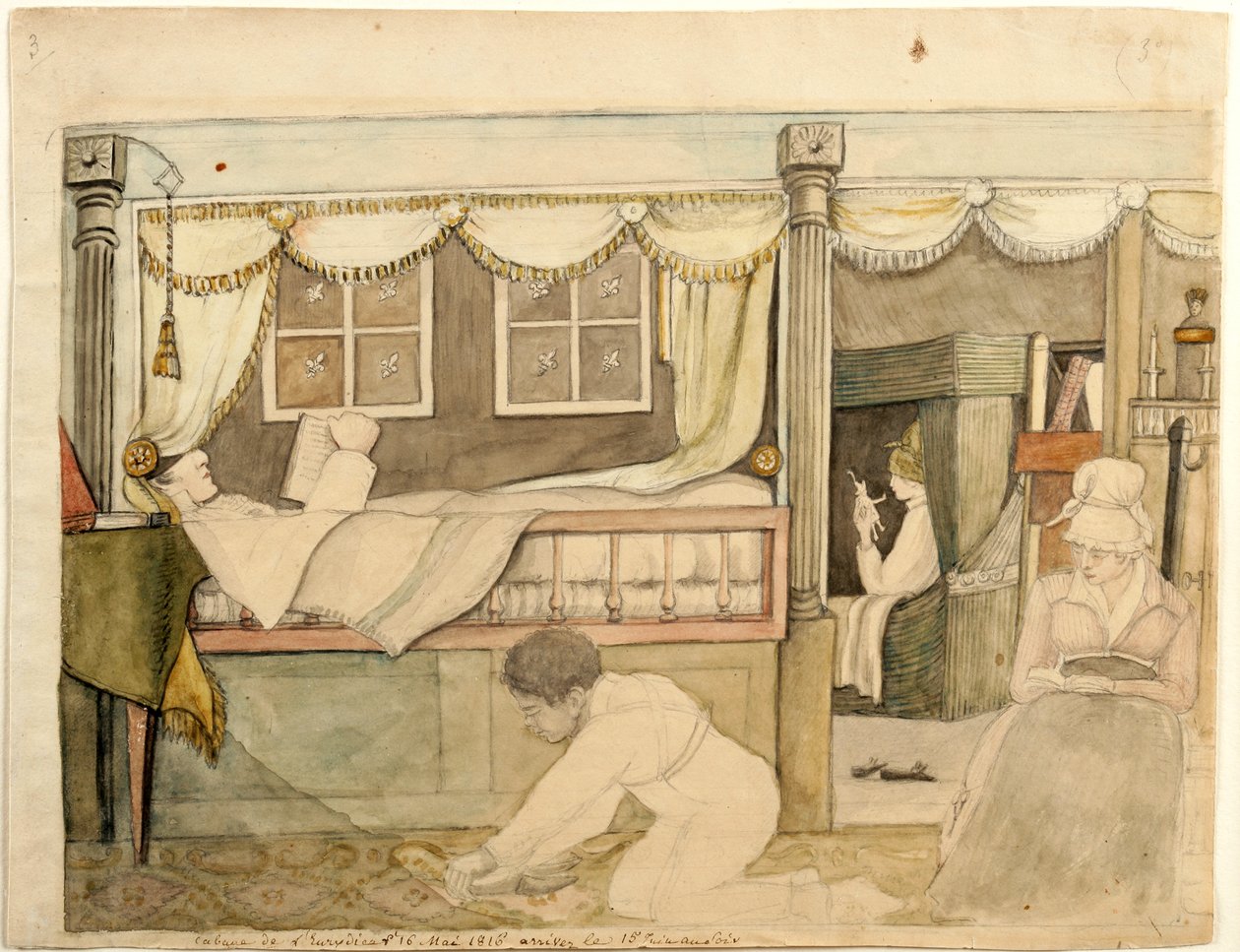 Hyde De Neuville -mökki Eurydicella, 1816 (akvarelli, grafiitti ja musta ja ruskea muste paperille, kiinnitetty kortille) tekijältä Anne Marguerite Hyde de Neuville