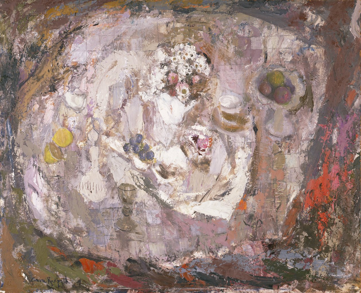 Pöytälevy, n. 1961 (öljy kovalevylle) tekijältä Anne Redpath