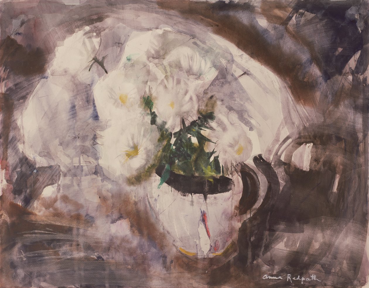 Valkoisia kukkia valkoisessa kannussa, n. 1960 (akvarelli paperille) tekijältä Anne Redpath