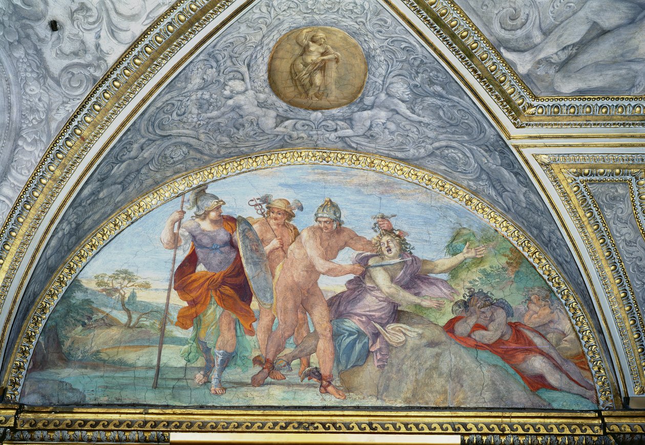Lunette, joka kuvaa Perseusta surmaamassa Medusaa, Camerinosta, 1596 tekijältä Annibale Carracci