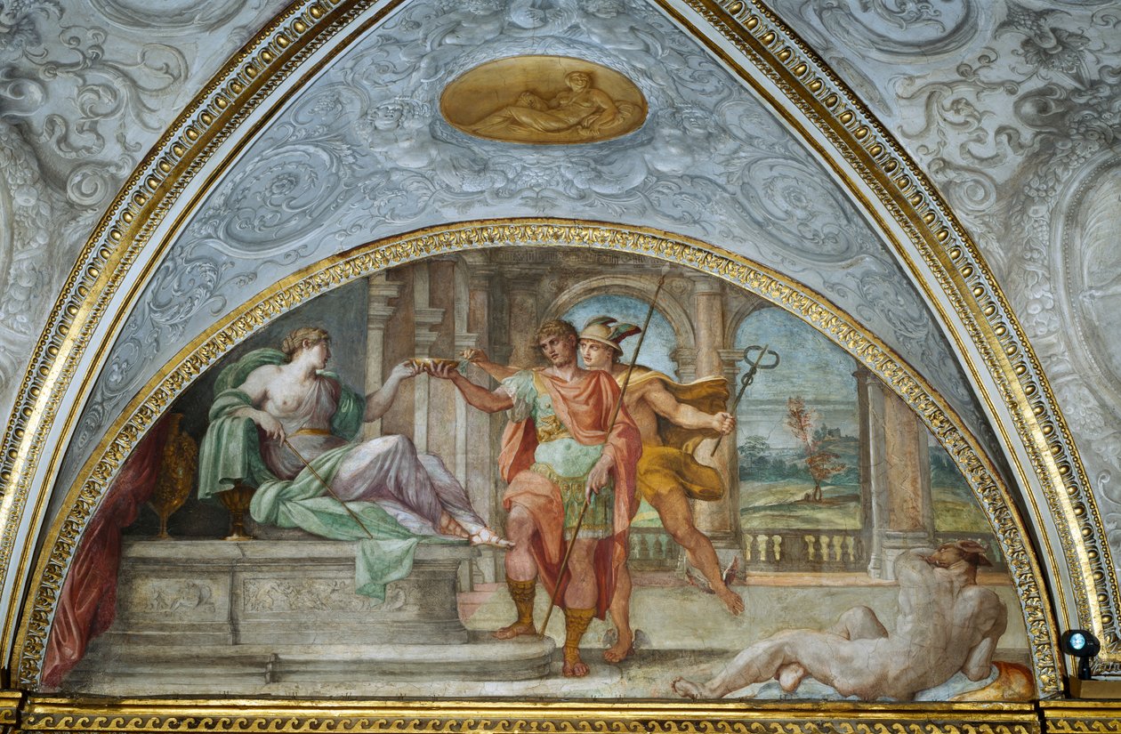 Lunette, joka kuvaa velhoa Circeä tarjoamassa Ulyssesille kulhollista myrkytettyä keittoa ja elohopeaa lisäämässä yrttivastalääkettä, Camerinosta, 1596 tekijältä Annibale Carracci