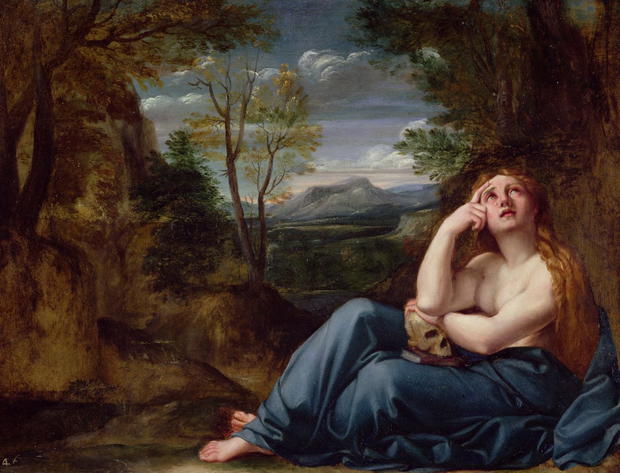 Maria Magdaleena maisemassa, n. 1599 (öljy kuparille) tekijältä Annibale Carracci