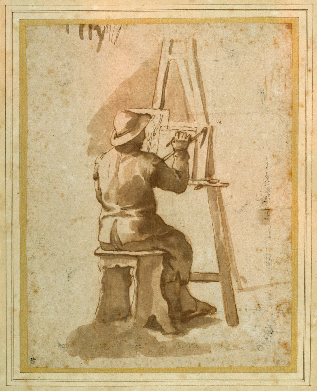Nuori taidemaalari istuu maalaustelineensä ääressä (kynä ja muste liiduilla paperilla) tekijältä Annibale (follower of) Carracci