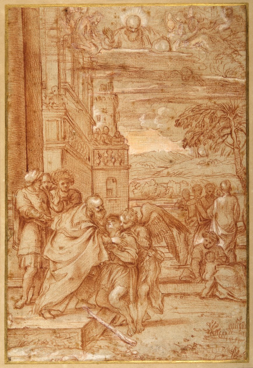 Tuhlaajapojan paluu Annibale Carraccin jälkeen (punainen liitu ja korostus paperilla) tekijältä Annibale (follower of) Carracci