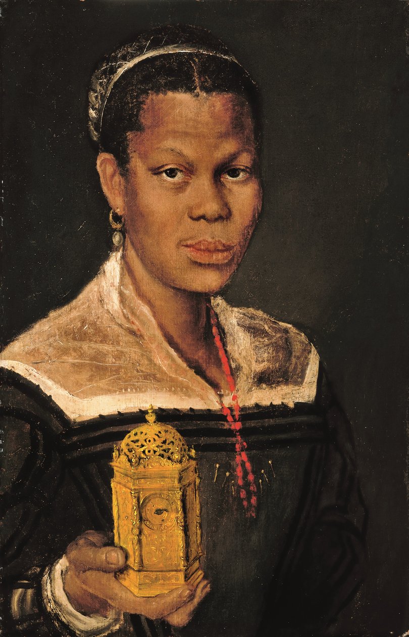 Muotokuva mustasta naisesta, rinnanympärys, yllään korallikaulakoru ja oikeassa kädessään ormolu-pöytäkello (öljy kankaalle). tekijältä Annibale (studio of) Carracci