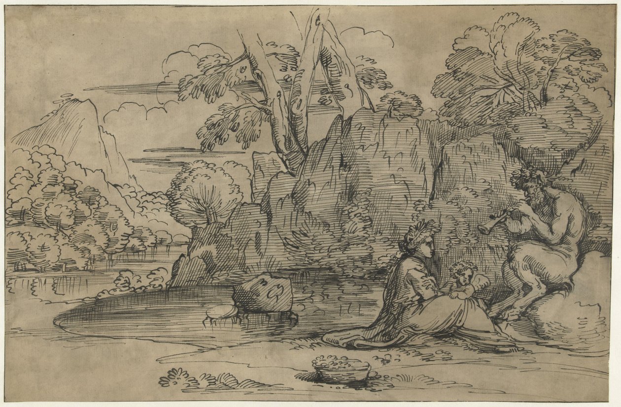 Maisema, jossa huilua soittava satyyri, nainen ja putto tekijältä Annibale Carracci (attributed to)