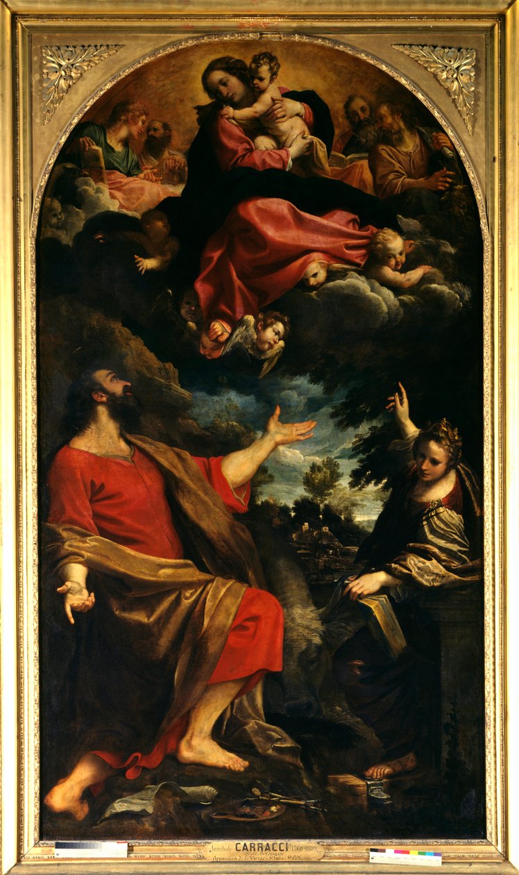 Neitsyt ilmestys Pyhälle Luukalle ja Pyhälle Katariinalle Aleksandrialaisen Annibale Carraccin tai Annibal Carrachen maalaus (1560-1609). 1592. Su. 2,26 x 4,01 m Pariisi, musee du Louvre. tekijältä Annibale Carracci