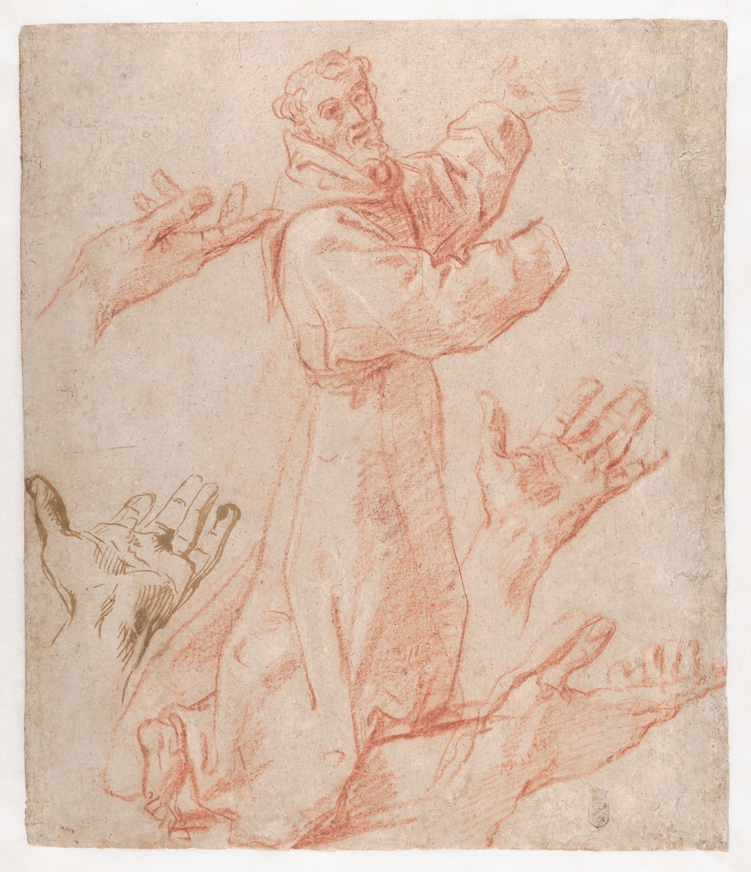 Carracci - Tutkimuksia Pyhän Fransiskuksen hahmoa polvistuneena kolmivartalokuvassa ja hänen käsiään varten (rekto), 1583-85. tekijältä Annibale Carracci