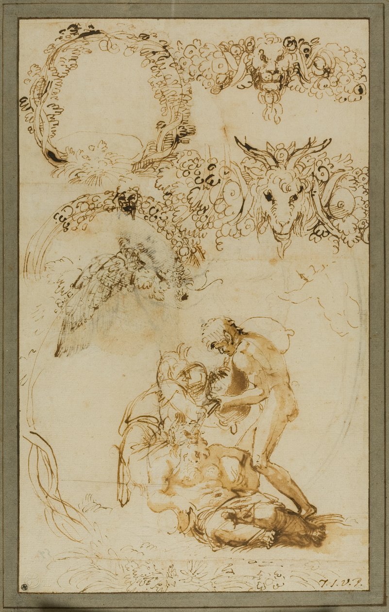 Humalainen Silenus ja koristeellisia luonnoksia: Tutkimuksia Tazza Farnese -teosta varten (etusivu); Kaksi taistelevaa puttia: Tutkimus Galleria Farnesea varten (kääntöpuoli). tekijältä Annibale Carracci