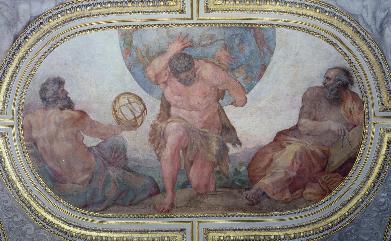 Herkules tukee maailmaa, jota puolustivat Eukleides ja Ptolemaios, Camerinosta, 1596 tekijältä Annibale Carracci