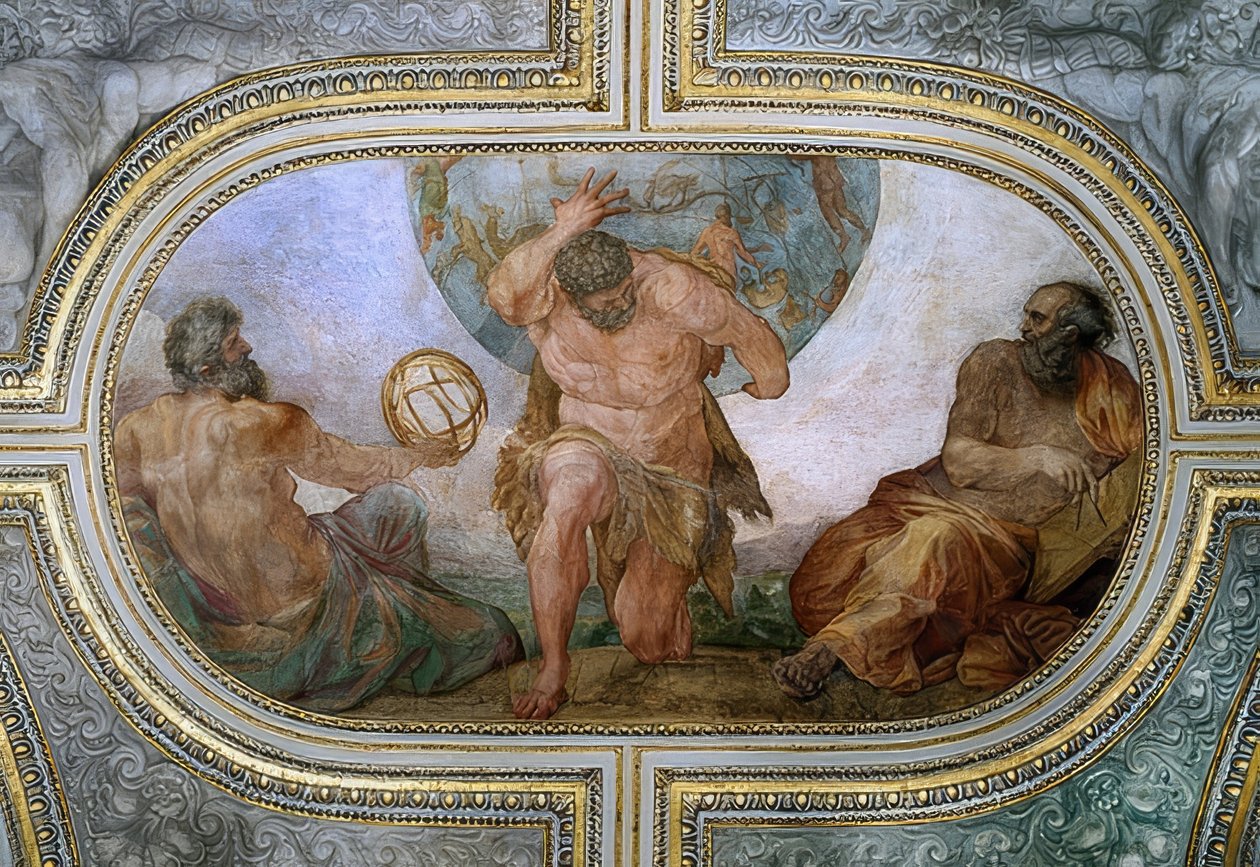 Hercules kantaa taivaan holvin Atlakseen (fresko Camerinossa). 1596 tekijältä Annibale Carracci