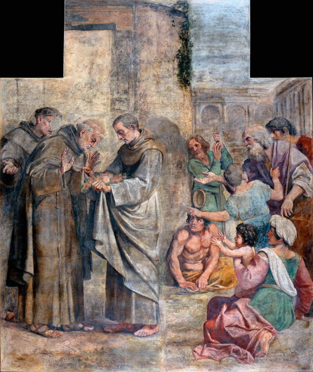 Ruusujen ihme – ruuanvarkauksista syytetty espanjalainen fransiskaanimunkki Saint Diego Alcalasta (1400-1463) huomaa, että hänen tapansa antaa köyhille kätketyt elintarvikkeet ovat muuttuneet ruusuiksi – Annibale Carraccin maalaus (An tekijältä Annibale Carracci