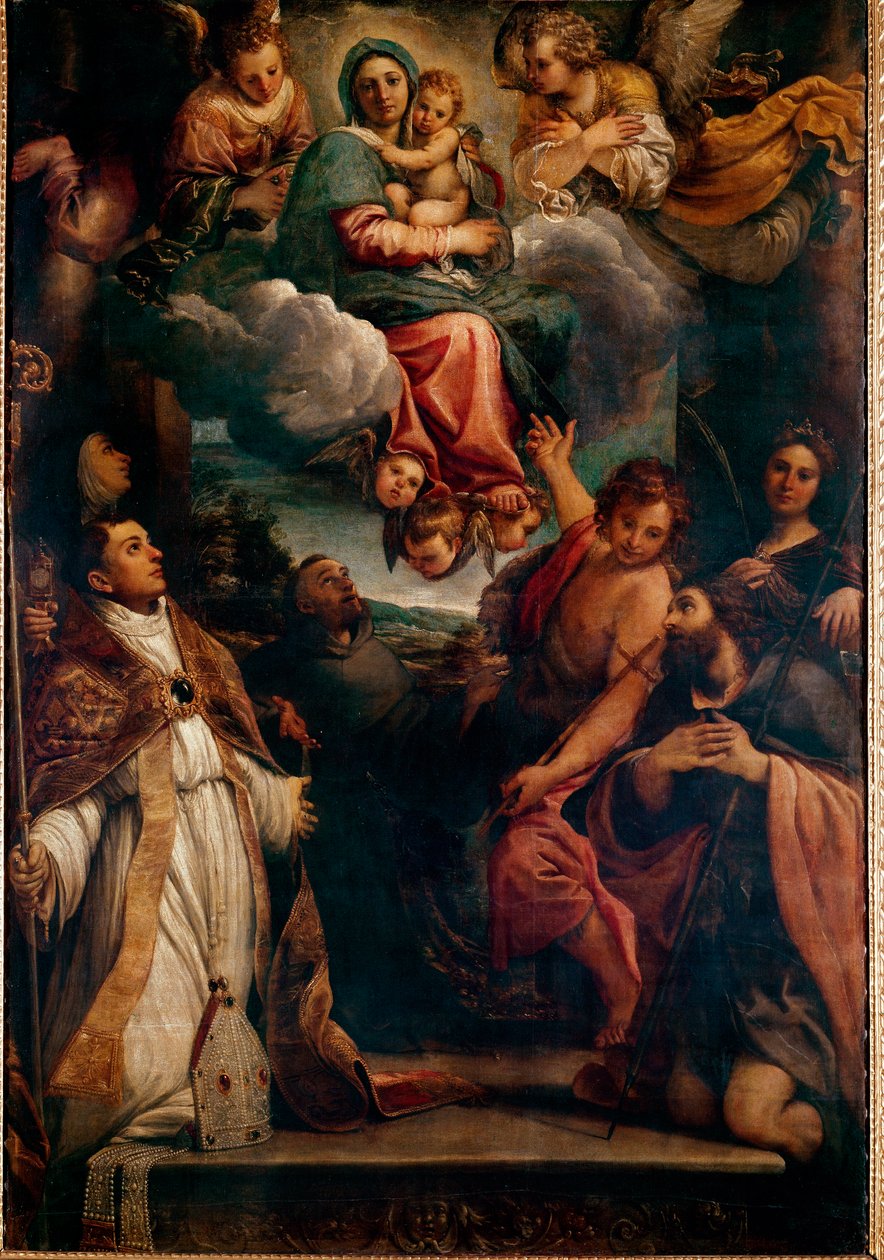 Madonna kunniassa lapsen ja kuuden pyhimyksen kanssa Madonna of Saint Ludovic. Maalaus Annibale Carracci (Annibal Carrache tekijältä Annibale Carracci