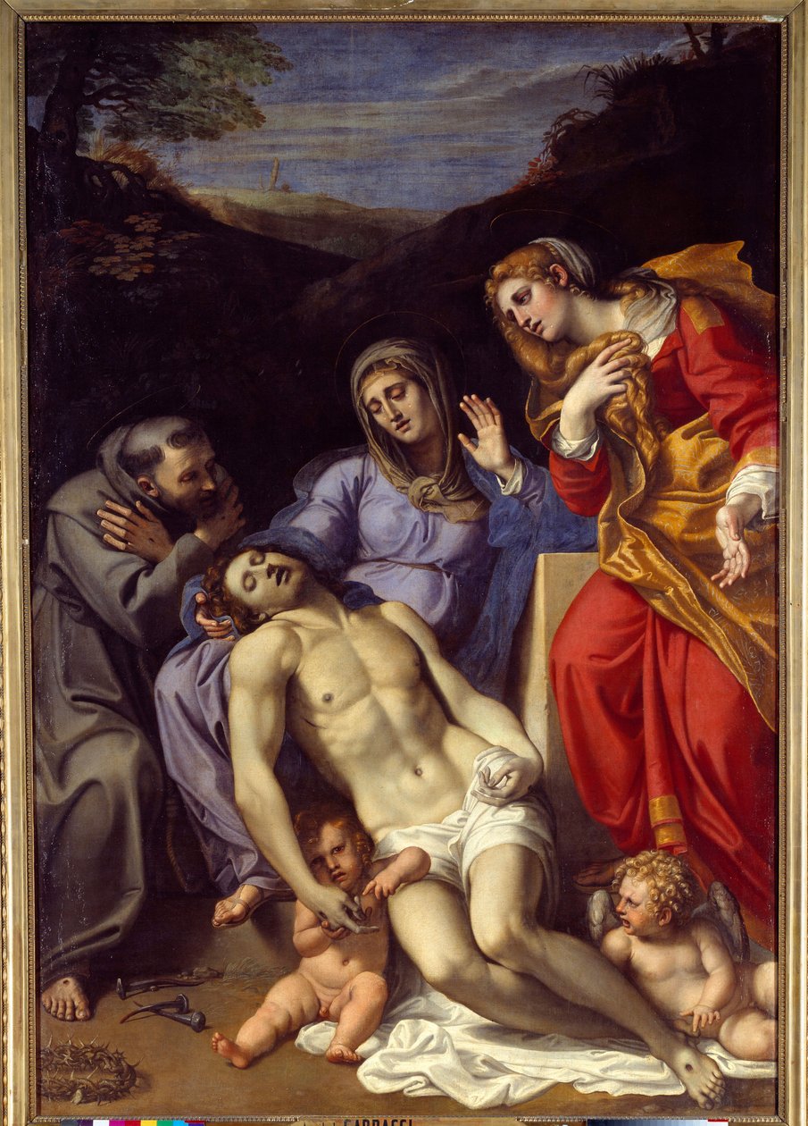 Pieta Pyhän Francois Assisilaisen ja Pyhän Maria Magdaleenan kanssa Annibale Carraccin tai Annibal Carrachen maalaus (1560-1609). 1602. Aurinko 2,77x1,87 m tekijältä Annibale Carracci