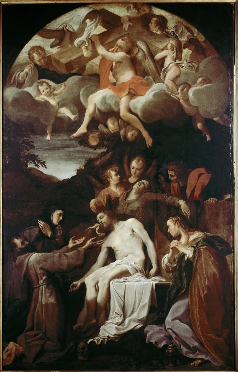 Pieta St Clairen, Pyhän Franciscuksen, Pyhän Maria Magdaleenan ja Pyhän Johanneksen kanssa (öljy kankaalle tekijältä Annibale Carracci