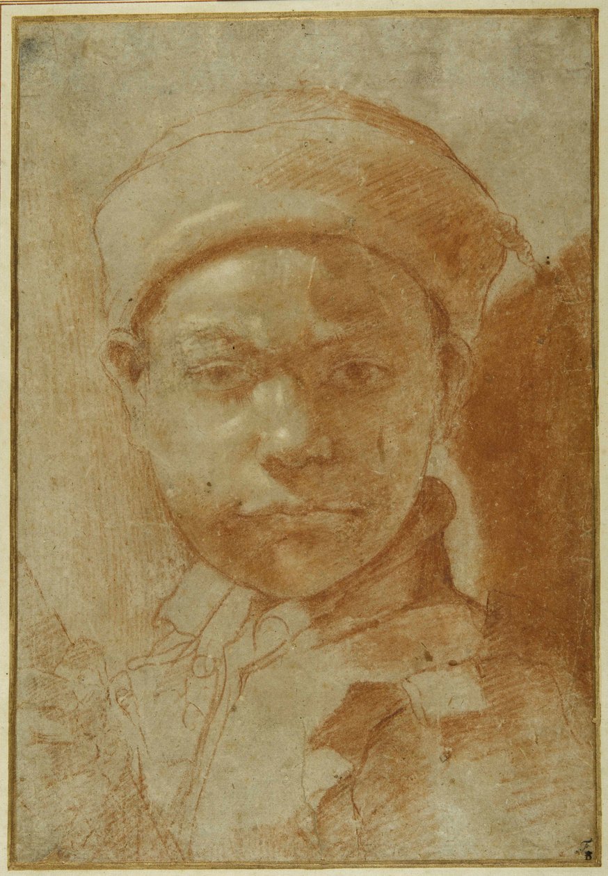 Nuoren muotokuva, rinnan mittainen, pyöreä lippalakki (punainen liitu harmaalla paperilla) tekijältä Annibale Carracci