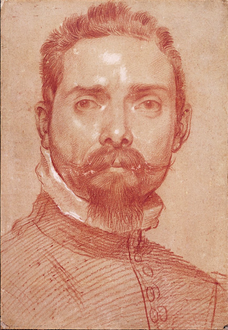 Annibale Carraccin (Carrache) (1560-1609) Sanguine "luutunsoittaja Giulio Mascheronin muotokuva" (Luutsinsoittaja Giulio Mascheronin muotokuva) n. 1594 Albertina, Wien tekijältä Annibale Carracci