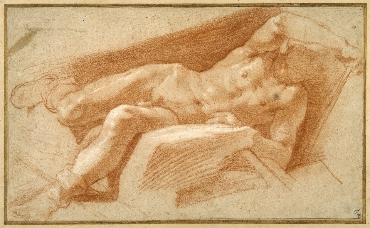 Makaava nuori poseerasi alasti, paitsi että hänen letkunsa oli vedetty alas nilkoihinsa (punainen liitu paperilla) tekijältä Annibale Carracci