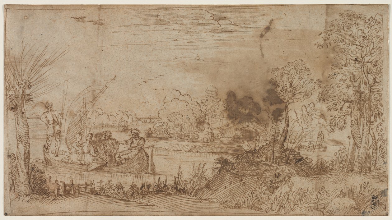 Jokimaisema veneillä, n. 1590. tekijältä Annibale Carracci