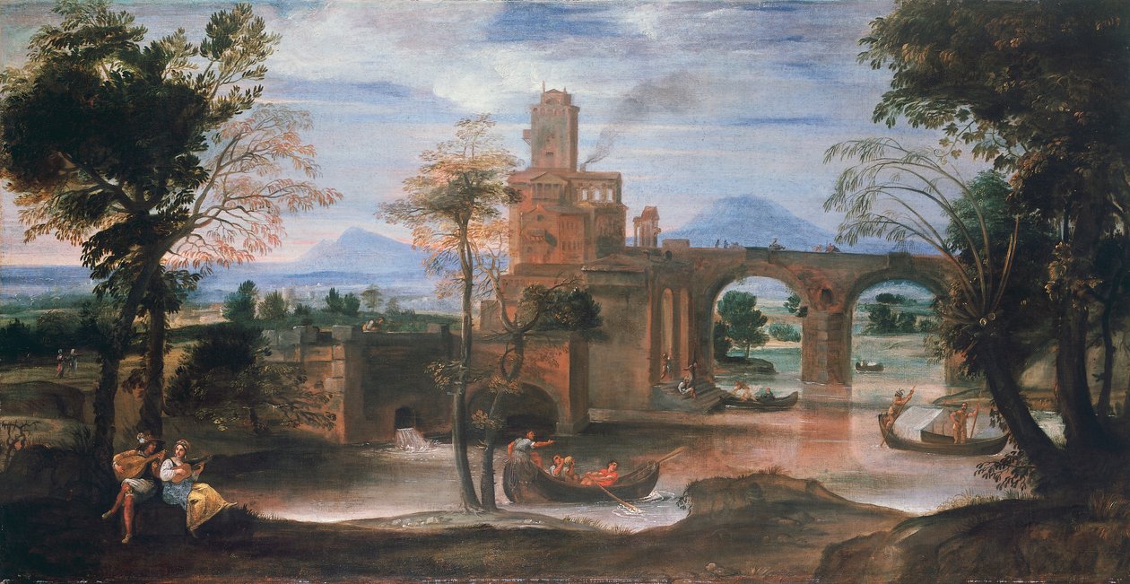 Jokimaisema, linna ja silta, n. 1598 (öljy kankaalle) tekijältä Annibale Carracci