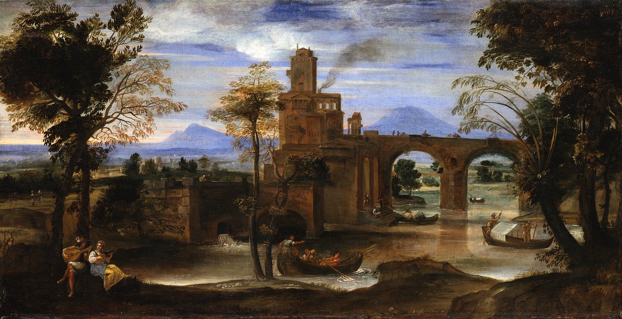 Roomalainen jokimaisema linnoituksineen ja siltoineen tekijältä Annibale Carracci