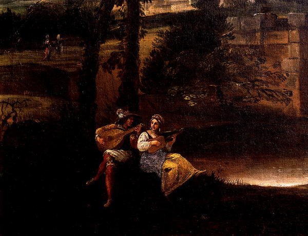 Roomalainen maisema sillalla (öljy kankaalle) (yksityiskohdat 186429 ja 186430) tekijältä Annibale Carracci