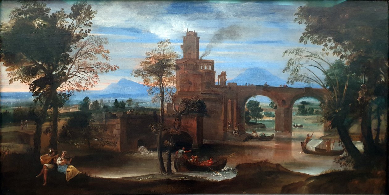 Roomalainen jokimaisema, jossa on linnoitus ja silta tekijältä Annibale Carracci