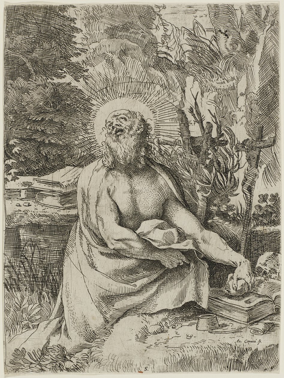 Pyhä Hieronymus erämaassa, n. 1591 (etsaus ja kaiverrus paperille, iiiiv) tekijältä Annibale Carracci