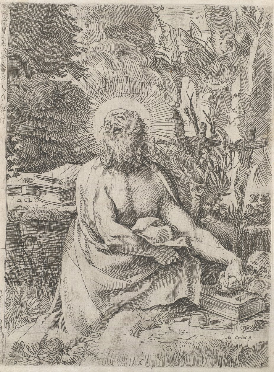 Pyhä Jerome erämaassa, n. 1591. tekijältä Annibale Carracci
