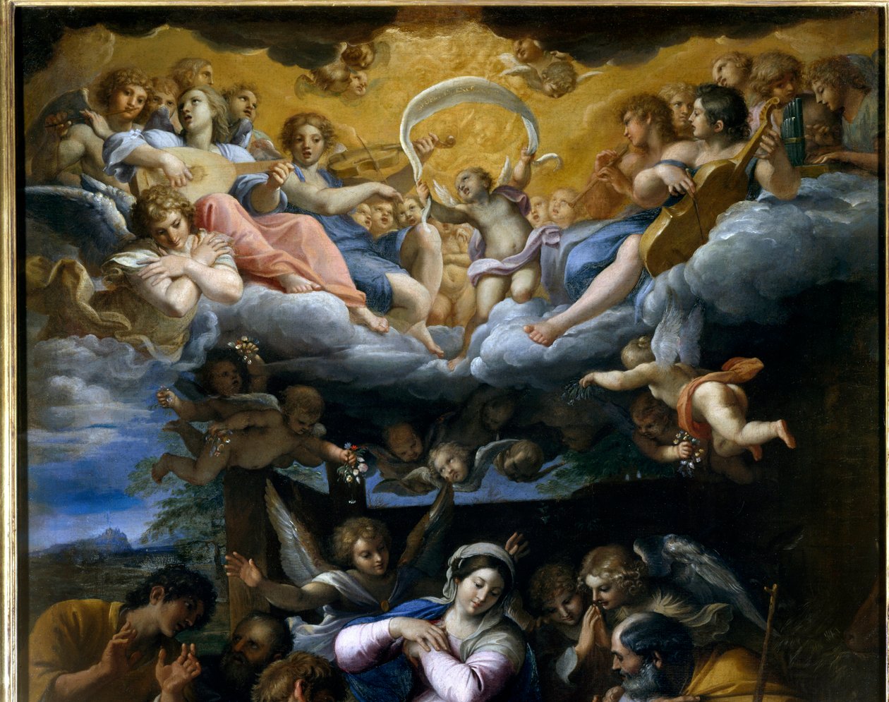 The Adoration of the Shepherds Yksityiskohta, joka edustaa taivaallisten enkelien konserttia laulamassa Jumalan kunniaa. Annibale Carraccin tai Annibal Carrachen (1560-1609) maalaus. 1597. Orleans, Fine Arts Museum. tekijältä Annibale Carracci