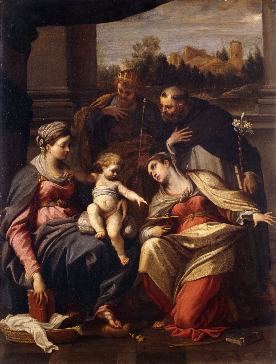 Madonna ja lapsi pyhien Lucyn, Dominicin ja Louis of Francen kanssa, maisema, jossa on kaupunki ikkunan takana, tekijältä Annibale Carracci