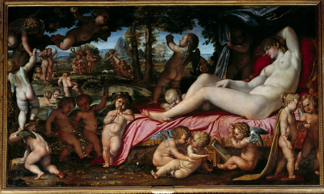 Annibale Carraccin tai Annibal Carrachen (1560-1609) maalaus Venuksen uni 1602 su. 1,9x3,28 m Chantilly, Musee Conde tekijältä Annibale Carracci