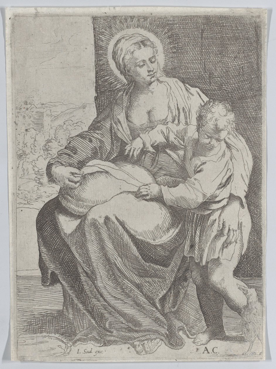 Neitsyt istuu pitelee tyynyä sylissään ja nuori Kristus seisoo oikealla..., 1580-1600. tekijältä Annibale Carracci