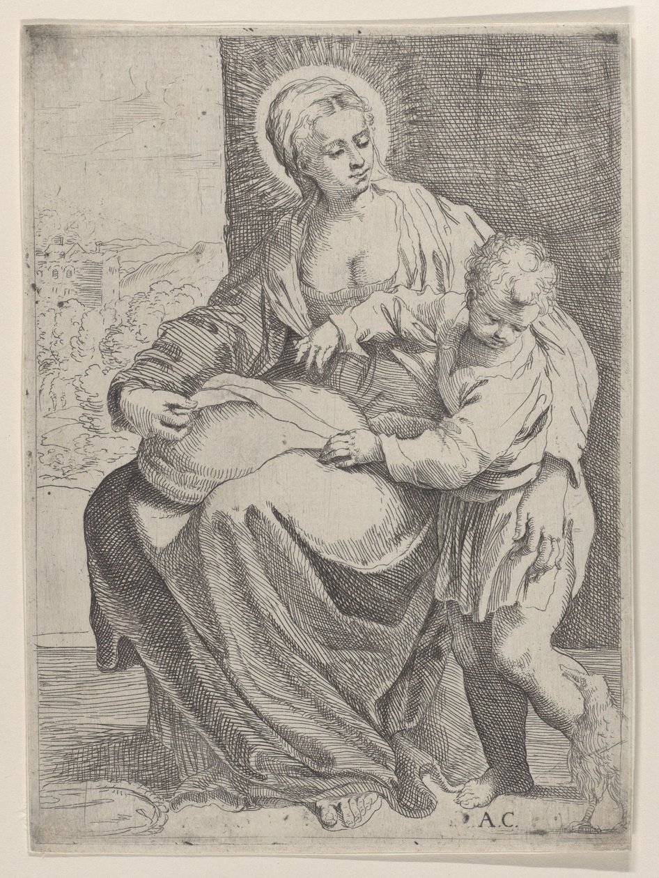 Neitsyt istuu pitelee tyynyä sylissään ja nuori Kristus seisoo oikealla..., 1580-1600. tekijältä Annibale Carracci