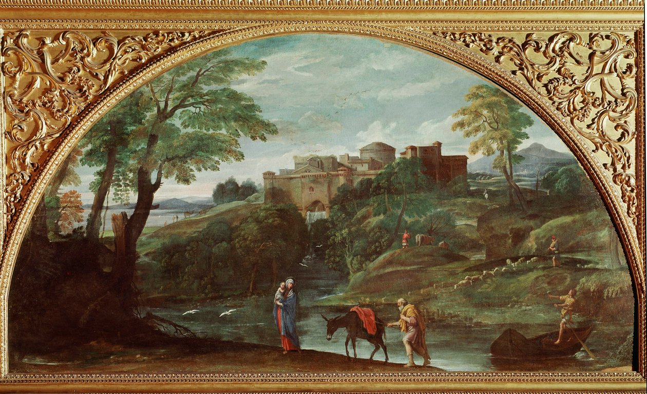 Lento Egyptiin. Annibale Carracci dit Carrachen maalaus (1560-1609). Mitat: 122x230 cm. Galleria Doria Pamphilj, Rooma, Italia. tekijältä Annibale Carracci