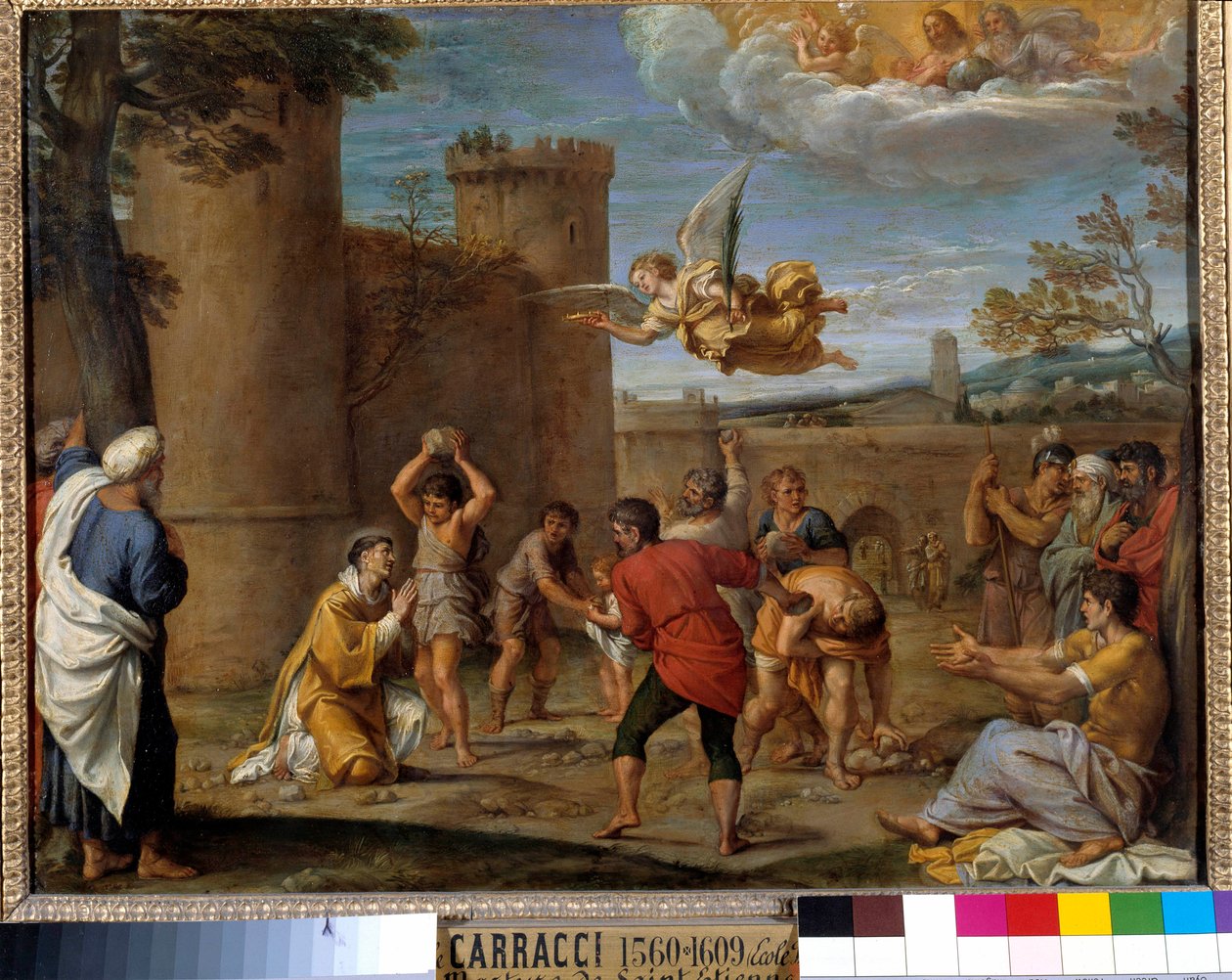 Pyhän Stefanoksen kivittäminen: St. Stephen (Stephane), oli ensimmäinen kristitty marttyyri, joka kuoli kivittämällä vuonna 36 jKr. JC. Annibale Carraccin tai Annibal Carrachen (1560-1609) maalaus. 16. vuosisata. Mitat 0,42 x 0,54 m Pariisi, tekijältä Annibale Carracci