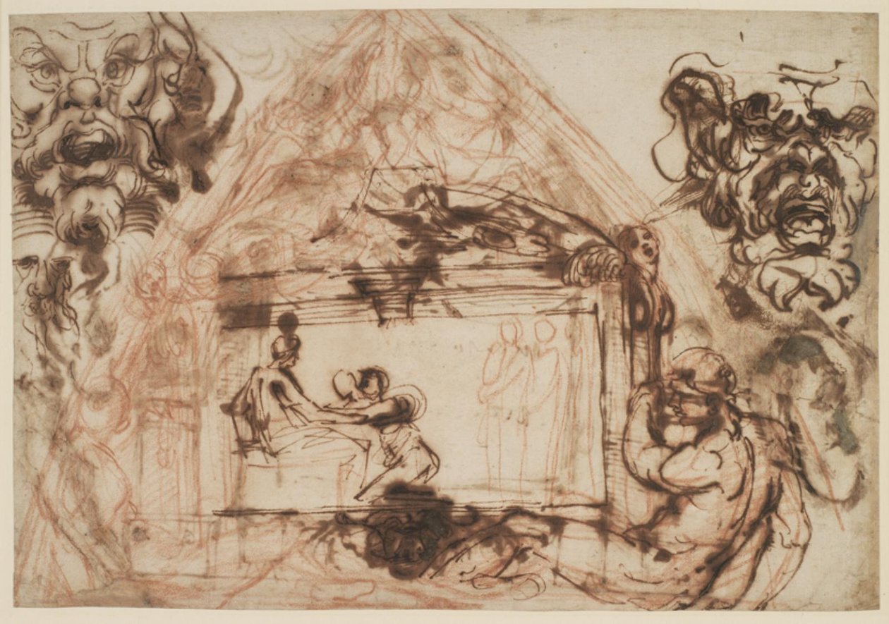 Luonnos holvivaipan koristeluun. Galleria Farneseen, Palazzo Farneseen Roomassa. Luonnostele myös kaksi mascheronia tekijältä Annibale Carracci