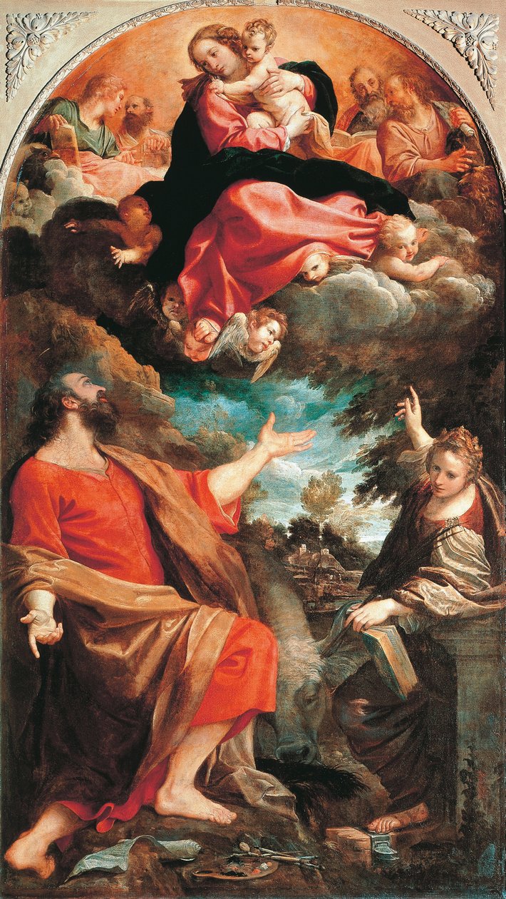 Annibale Carraccin (1560-1609) Neitsyt ilmestyy pyhille Luukalle ja Katariinalle, öljy kankaalle, 401x226 cm, noin 1592 tekijältä Annibale Carracci