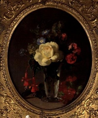 Keltaisen ruusun asetelma, mignonette ja fuksia (öljy aluksella) tekijältä Annie Feray Mutrie