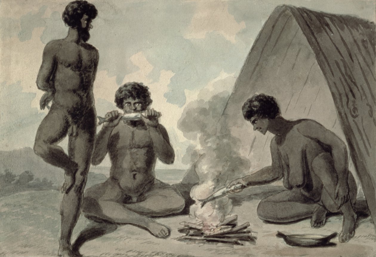 Aboriginaalit syövät kalaa nuotion edessä, mahdollisesti Philip Gidley Kingin (1758-1808) kirjoittama tekijältä Unbekannt Unbekannt