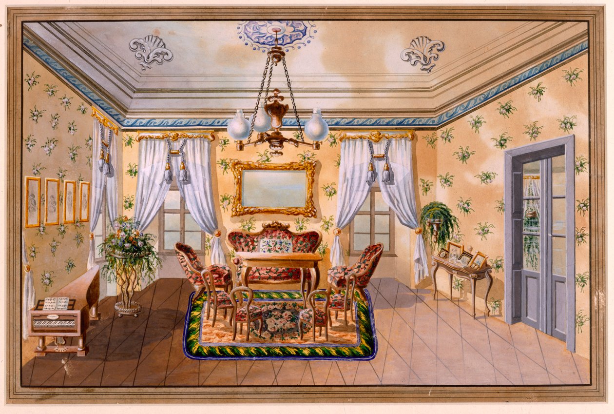 "Biedermeier Drawing Room", saksalainen Anon n. 1830, akvarelli tekijältä Unbekannt Unbekannt