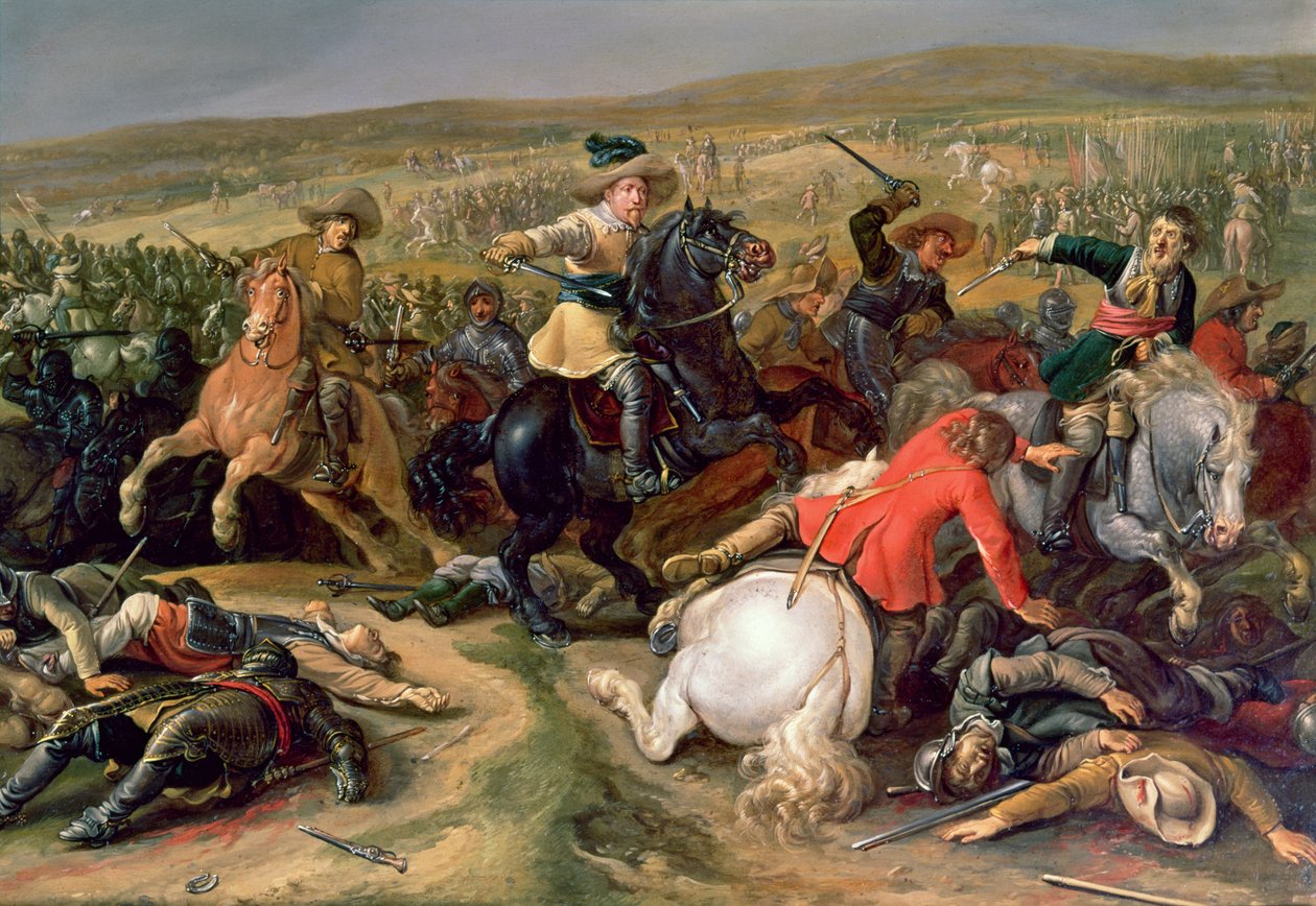 Kustaa II Adolphus, Ruotsin kuningas (1595-1632) johti ratsuväen hyökkäystä Lutzenin taistelussa 1632 tekijältä Unbekannt Unbekannt