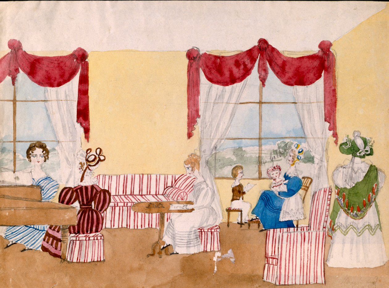 Sisustus naisilla ja lapsilla, n.1830, brittiläinen, akvarelli tekijältä Unbekannt Unbekannt