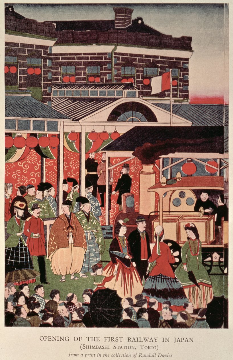 Japanin ensimmäisen rautatien avaaminen (Shimbashi-asema, Tokio), 1800-luku (painettu) tekijältä Unbekannt Unbekannt