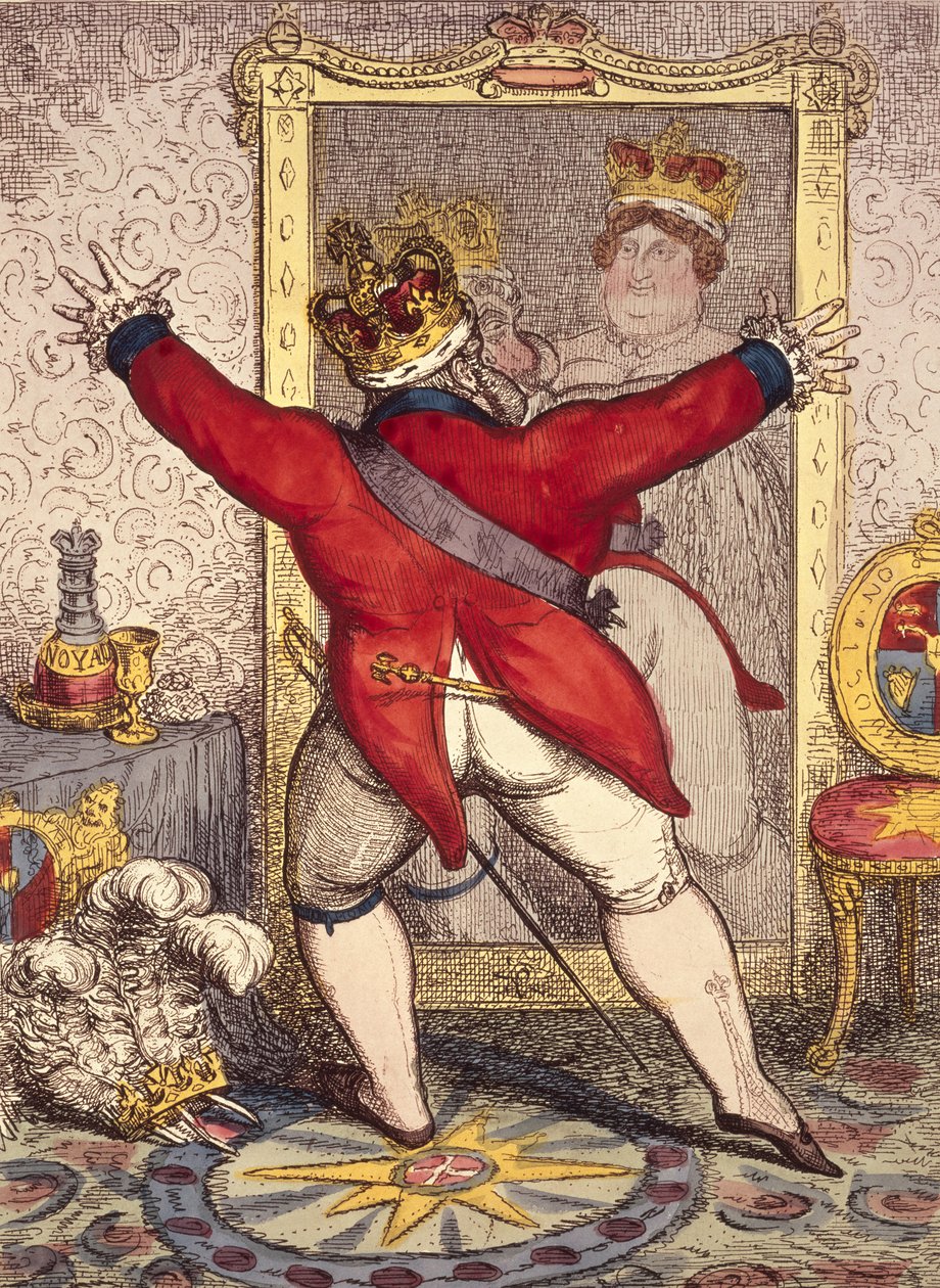 Heijastus: Olla tai ei olla, sarjakuva Englannin kuningas George IV:stä (1762-1830), 1820 (printti) tekijältä Unbekannt Unbekannt