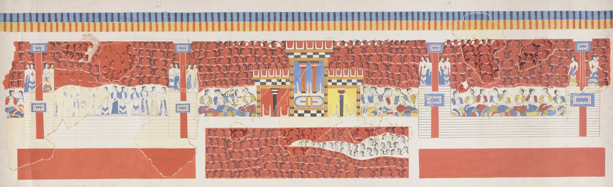 Väkijoukon kohtauksen freskon jäljennös, Knossoksen palatsi, Minoan, noin 1500 eaa. tekijältä Unbekannt Unbekannt