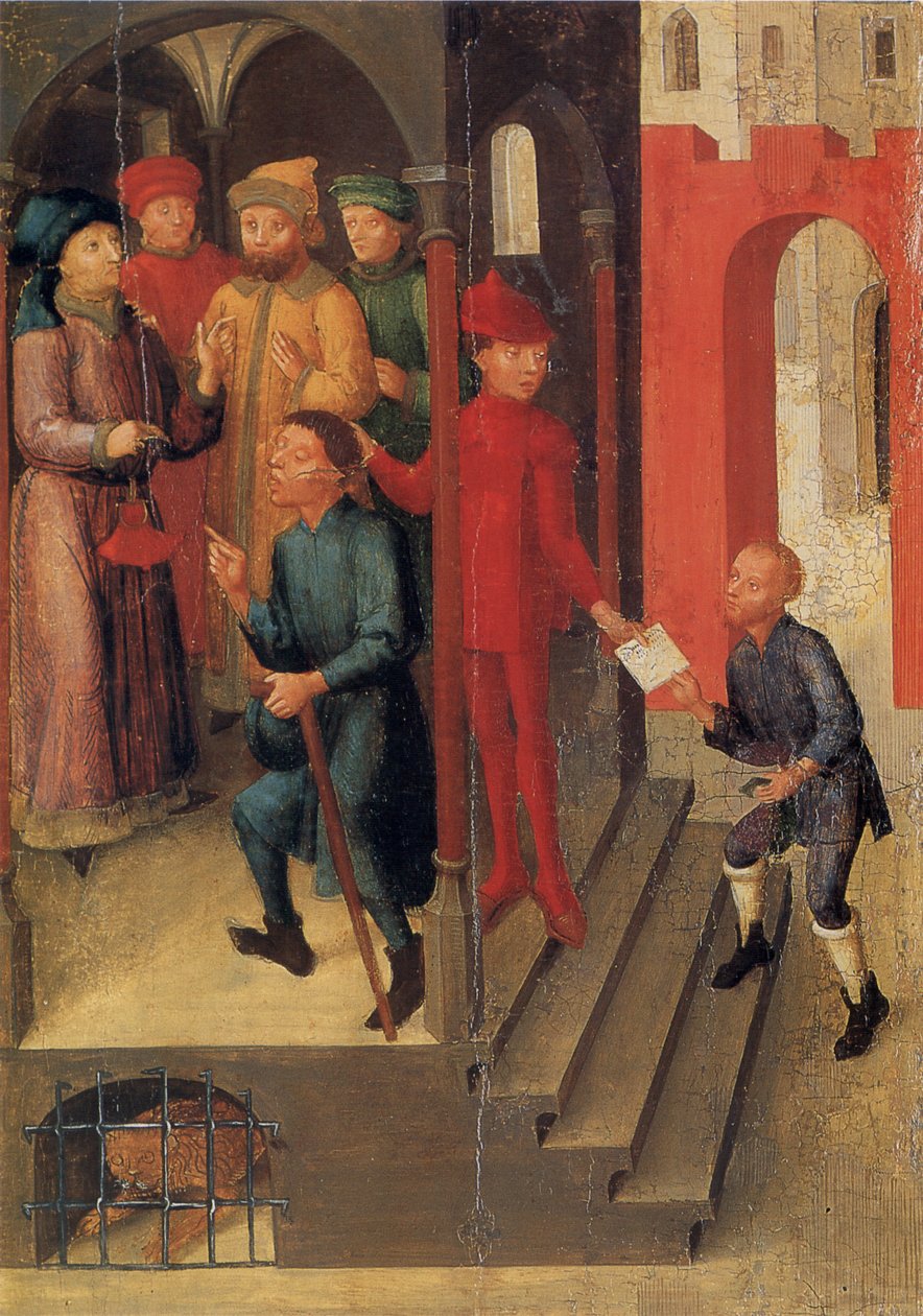 Weingartener Heilig-Blut-Tafel von 1489. Landesmuseum Württemberg, Stuttgart.   Tafel 10: Adilbero meldet die göttliche Offenbarung den Notabeln Mantuas (nach der Legende im Jahr 1048) tekijältä Unknown