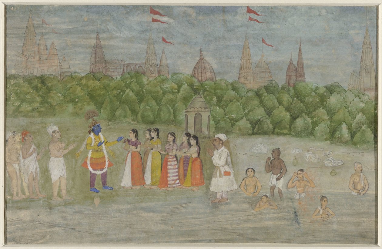 Yamunan rannalla Brindabanissa Krishna tanssii gopien kanssa tekijältä Anonymous